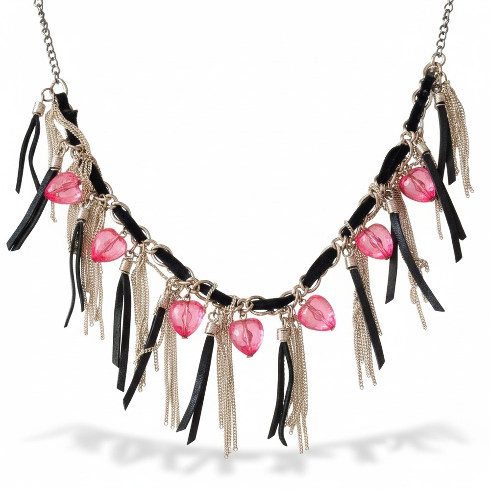 Vintage Pink Heart Fringe Necklace with Mixed-Metal Chains - Women Jewelry